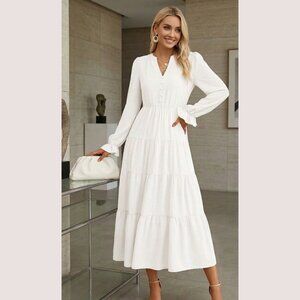 PrettyGarden White Tiered Maxi Dress Size L Long Sleeve Boho Cottagecore V-Neck